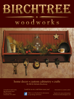 A full page magazine advertisement for Birch Tree Woodworks featuring a handmade shelf with decorations on it.