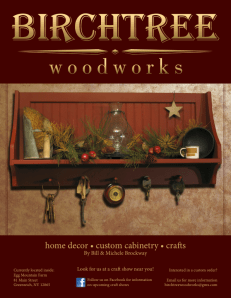 A full page magazine advertisement for Birch Tree Woodworks featuring a handmade shelf with decorations on it.
