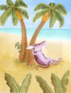 A Magical Armadillo relaxes against a palm tree while a fan peeks at him from around the tree trunk.