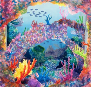 a brightly colored coral reef painted in watercolor