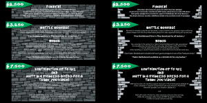 These are what the Funding Goals looked like. They allowed supporters to see how much funding the campaign had raised and if there were any special items that meeting the funding goal unlocked. Left: How the Goals appeared before the dollar amount had been raised. Right: How the Goals appeared after the dollar amount had been met or exceeded.
