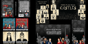These are some of the various other graphic pieces I produced for the Castles campaign. Top Left: Tuck box product package design. Right: Mobile and Desktop wallpapers for both editions of the game. Bottom Left: Supporter images for both editions of the game.